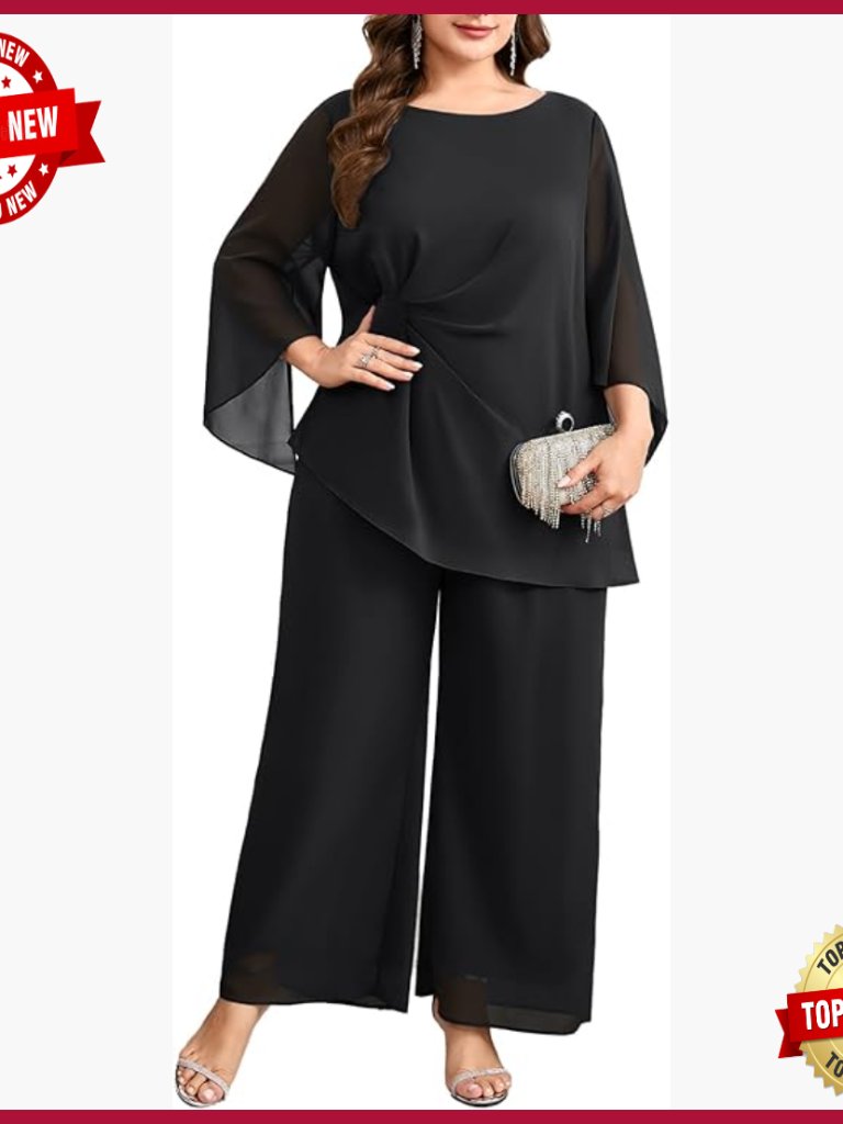 Plus Size Chiffon Pant Suit Set Asymmetric Top Wide Leg Pants Wedding Guest